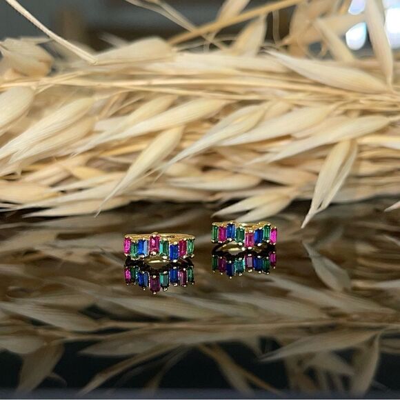 Gold Plated Baguette Huggie Hoop Earrings Dainty Minimalistic Silver CZ gems - Picture 3 of 6